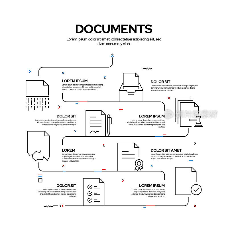Documents Related Process Infographic Design, Linear Style Vector Illustration, Linear Style Vector Illustration